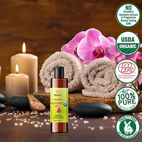 Organic Grapeseed Oil - 100% Pure Cold Pressed Natural Grape Seed Oil For Skin Face Body Hair Massage Anti-aging - Normal and Oily Skin (100ml)