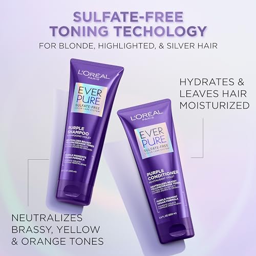 L'Oréal Paris Sulfate Free Brass Toning Purple Shampoo for Blonde/Ombre/Brown Hair, EverPure, 23fl oz