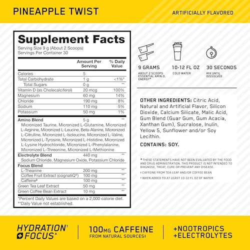 Optimum Nutrition Amino Energy Plus Electrolytes Powder (Pineapple Twist, 285g) - BCAAs, Electrolytes & Anytime Energy