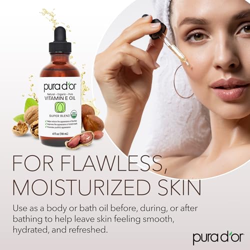 PURA D'OR Organic Vitamin E Oil Blend 4 oz - 70,000 IU Natural Hexane Free with Almond, Argan, Rosehip & More