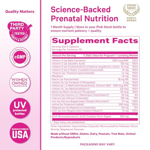 Pink Stork Total Prenatal Vitamins with DHA, Folate, Iron, Choline & B12 (60 Capsules)