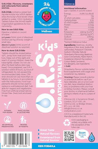 O.R.S Electrolytes for Kids - Fast and Effective Rehydration - Vegan, Gluten-Free, Lactose Free & Low-Calorie Electrolyte Tablet with Natural Strawberry Flavour - 24 Tablets
