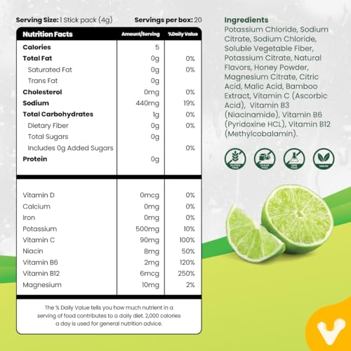 Valeo Hydration Electrolyte+ Lemon & Lime Stick Pack, 20 Sticks – Electrolyte Drink Mix for Hydration & Energy Boost