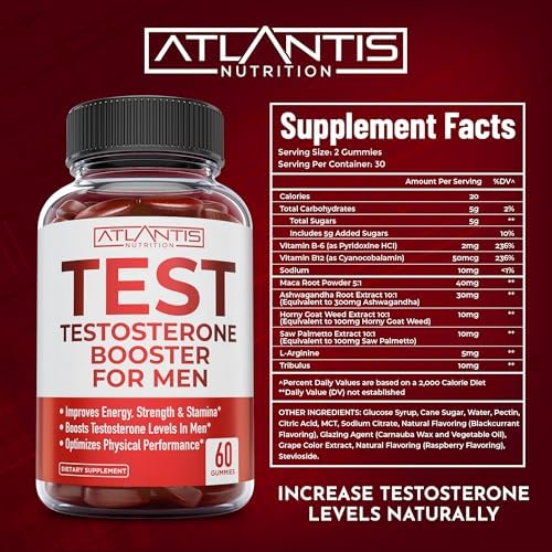 Atlantis Nutrition Testosterone Booster For Men Gummies - Male Enhancement, Boosts Energy, & Optimizes Physical Performance Formulated w/Tribulus, Horny Goat Weed, Saw Palmetto, Maca Root - 60 Gummies