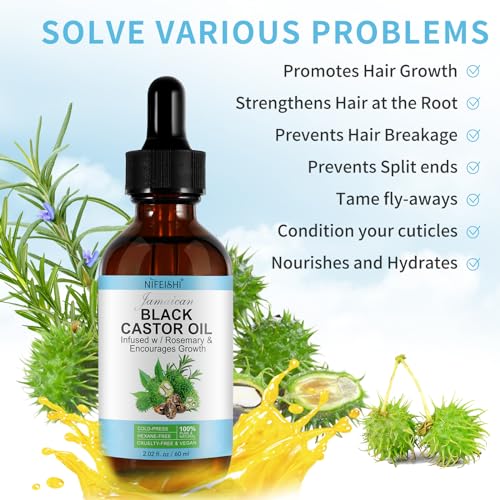 NIFEISHI Organic Castor Oil, Pure Natural Jamaican Black Castor Oil Infused with Rosemary, Cold Pressed Glass Bottles, Boost Hair Growth for Thicker, Fuller Hair, Eyelashes & Eyebrows 2.02 fl oz