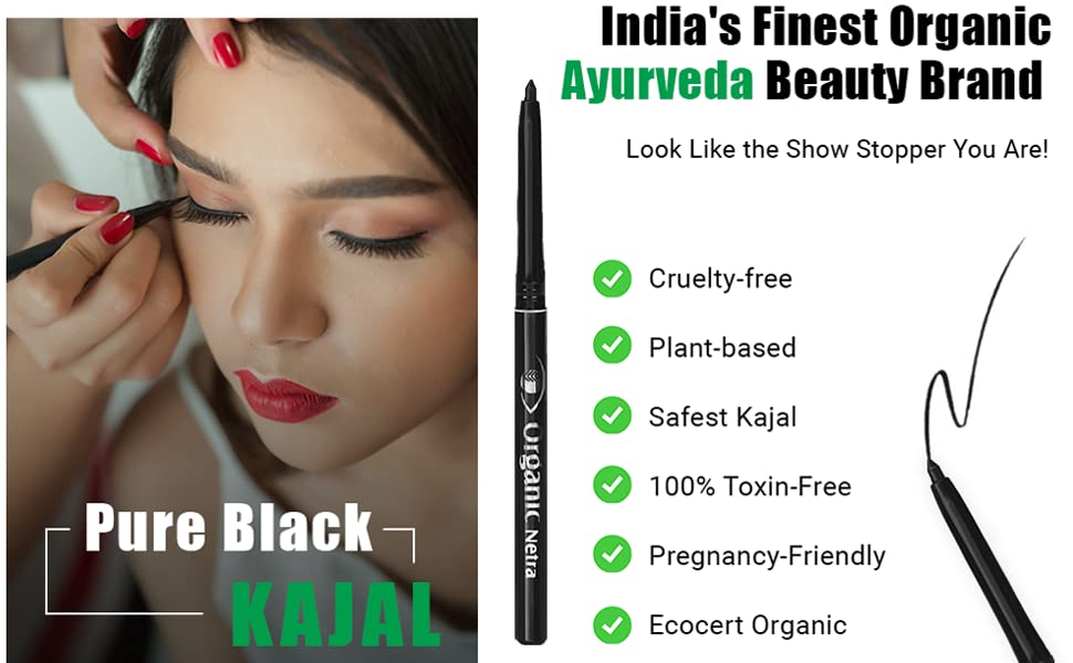 Pure Black Organic Kajal Pencil Eyeliner - Waterproof, 12Hr Smudgeproof & Natural Matte Finish