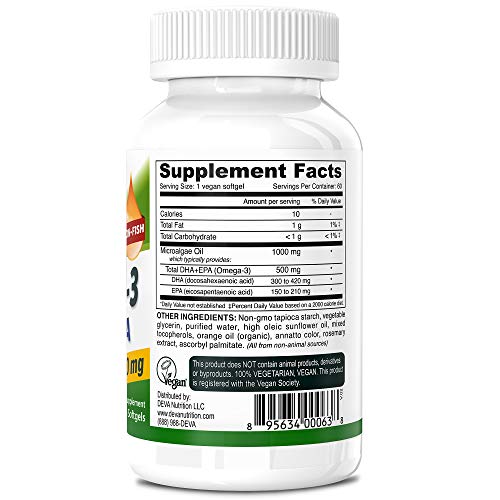Deva Vegan Algae Oil Omega-3 DHA EPA Supplement 500 MG - 60 Softgels