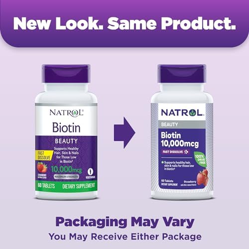 Natrol Biotin 10000 Mcg Tablets, Natural Strawberry Flavor, 60 Count - High Potency Hair, Skin, and Nail Support Supplement