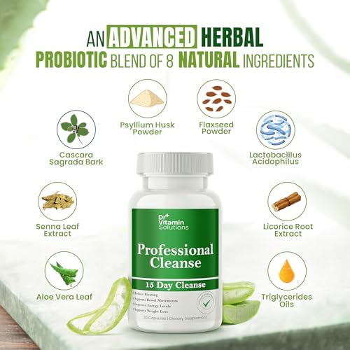 15 Day Cleanse Gut Support, Detox for Men & Women, All Natural Colon Cleanser for Bloating and Constipation Relief, Extra Calorie Loss with Healthy Probiotics - 30 Capsules