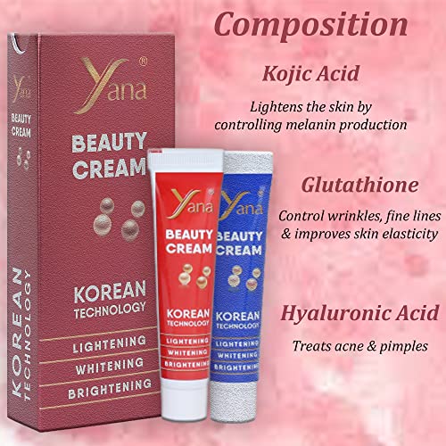 Yana Beauty Cream with Korean Technology - Skin Whitening Cream for Women & Men - Glutathione & Kojic Acid Face - Full Body Fairness & Brightening - for Glowing Skin & Hyperpigmentation