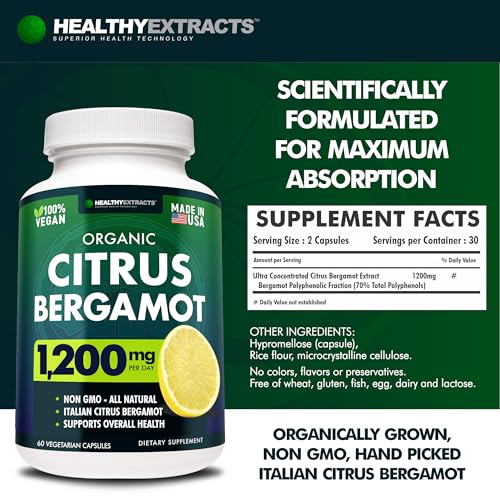 HEALTHYEXTRACTS Bergamot Citrus Extract Supplement - 150:1 Extract, 1200 Mg Per Serving, 80% Polyphenols - High Cholesterol Support - Italian Origin - 60 Capsules