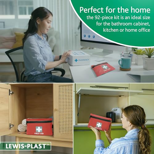 Lewis-Plast Premium 92 Piece First Aid Kit - Compact Safety Essentials for Home, Travel, Car, Camping & Outdoor Activities - Small Red