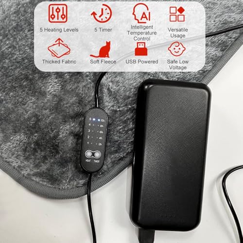 USB Heated Blanket Double Size - 5 Heat Levels & Auto-Off Timer (Grey)