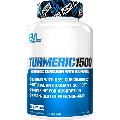 Evlution Nutrition Turmeric 1500 - 90 Veggie Capsules for Joint & Immune Support with High-Potency Curcumin