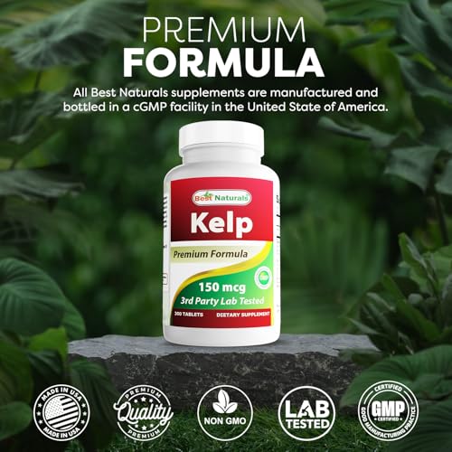 Best Naturals Kelp Supplement 150mcg - Thyroid Support & Iodine - 300 Tablets