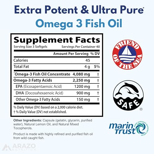 Arazo Nutrition Wild Caught Omega 3 Fish Oil - 120 Softgels - High EPA 1200mg & DHA 900mg - Lemon Flavor Burpless Softgels