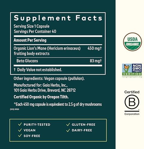 Gaia Herbs Lions Mane Mushroom Supplement (40 Capsules)