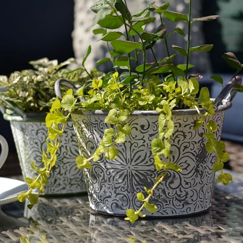 WHW Whole House Worlds Acanthus Embossed Oval Planters Set of 2 - Green & Grey with White Vintage Patina