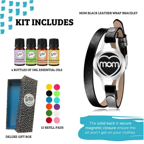 mEssentials Wild MOM Aromatherapy Oil Diffuser Bracelet Gift Set - Black Leather Wrap with 100% Pure Essential Oils