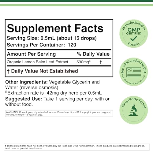 Organic Lemon Balm Tincture Drops 590mg - Fast-Absorbing for Calm & Relaxation | 2FL OZ by Double Wood Supplements