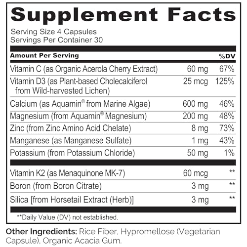 NATURELO Bone Strength - Plant-Based Calcium, Magnesium, Potassium, Vitamin D3, C, K2 - GMO, Soy, Gluten Free - 120 Vegetarian Capsules