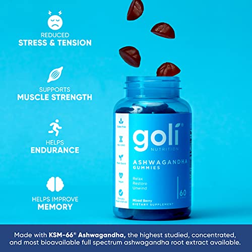 Goli KSM66 Ashwagandha Gummies - Mixed Berry Flavor, 60 Gluten-Free Gummies for Stress Relief