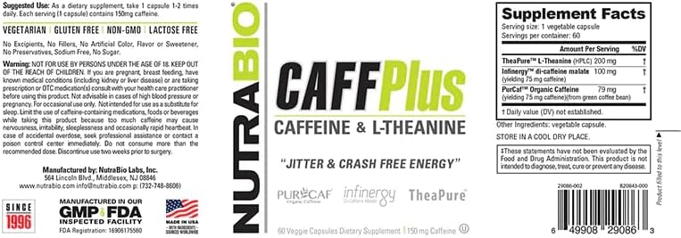 NutraBio CaffPlus: Healthy Energy with Caffeine & Theanine (60 Caps)