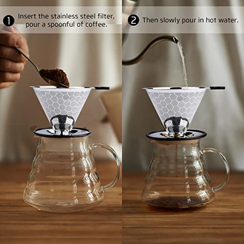 Pour Over Coffee Filter Dripper - Reusable Stainless Steel Metal Cone