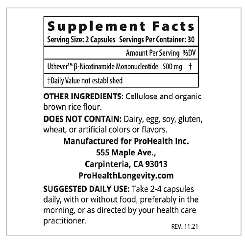 ProHealth Longevity NMN Pro 500 Enhanced Absorption - Uthever Brand NMN for NAD+ Boost - 60 Capsules