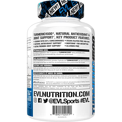 Evlution Nutrition Turmeric 1500 - 90 Veggie Capsules for Joint & Immune Support with High-Potency Curcumin