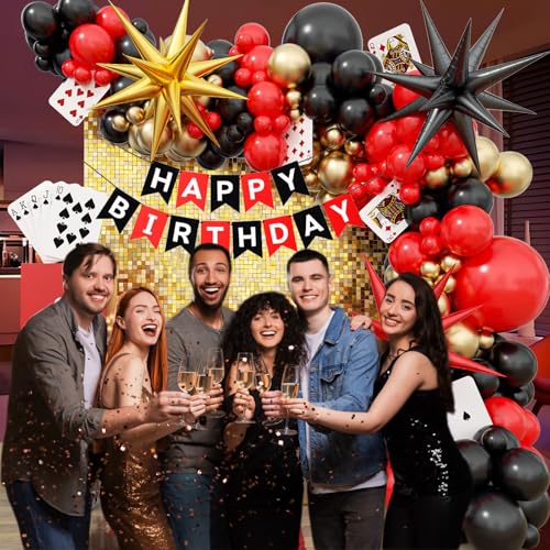 Casino Balloon Arch Kit with Red Black & Gold Balloons, Dice Boxes, Poker Cards - Casino Night Party Decor