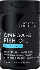 Sports Research, Omega-3,triple Strength, 1250 Mg, Made with ALASKAOMEGA, with Triglyceride EPA &amp; DHA | دعم القلب والدماغ والمفاصل | معتمد من IFOS 5 Star، خالٍ من الكائنات المعدلة وراثيًا وخالي من الجلوتين - 90 كبسولة هلامية