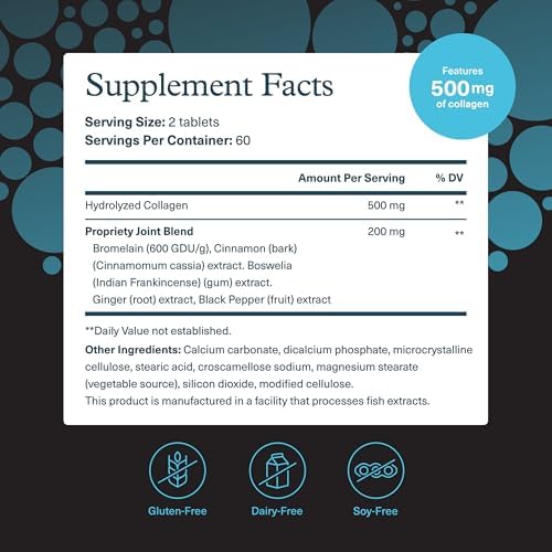 Youtheory Men's Joint Collagen with 18 Amino Acids - Joint Support Supplement with Boswellia Extract, Ginger & Black Pepper* - Dairy, Soy & Gluten Free - 120 Tablets