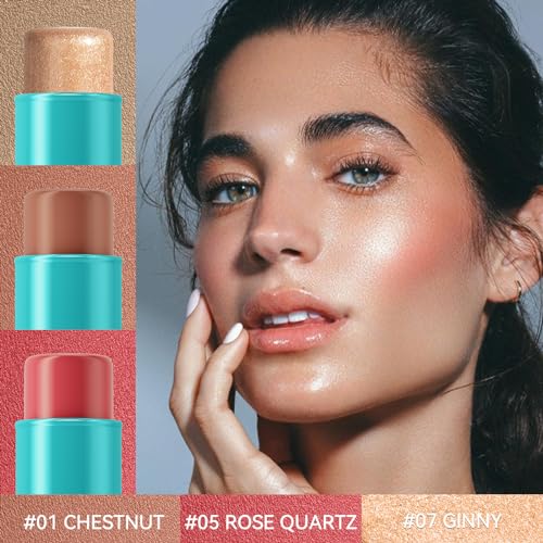 3 Pcs Cream Contour Stick Makeup Set with Brush | Bronzer, Blush & Highlighter | Long-Lasting & Waterproof