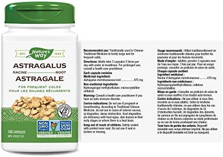 Nature's Way Astragalus Root, Traditional Immune Support*, 1,410 mg per 3-Capsule Serving, Non-GMO Project Verified, Vegan, 100 Capsules (Packaging May Vary)
