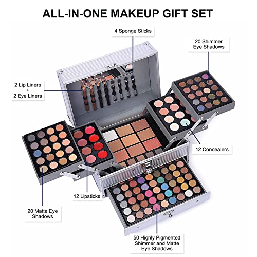 UNIFULL 132 Color All-In-One Makeup Kit for Women - Professional Makeup Set with Eyeshadow, Lipstick, Concealer, Lip Gloss, Eyeliner & Mascara (006N2-Silver)
