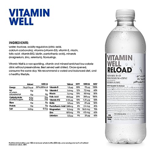 Vitamin Well Reload - Lemon/Lime Electrolyte Drink with Vitamins B, D, Magnesium & Zinc (12-Pack, 500ml)