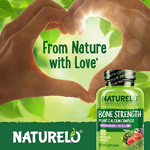 NATURELO Bone Strength - Plant-Based Calcium, Magnesium, Potassium, Vitamin D3, C, K2 - GMO, Soy, Gluten Free - 120 Vegetarian Capsules