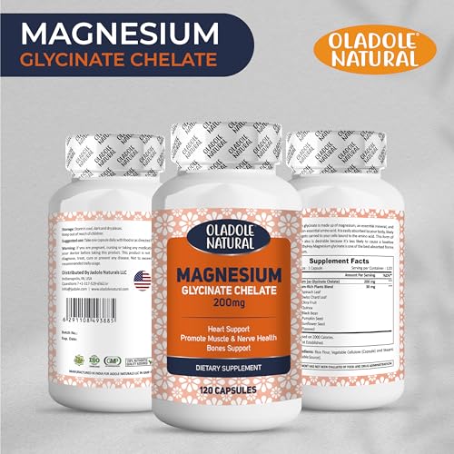 Oladole Natural Magnesium Glycinate Chelate Supplement - 200mg per Capsule with Organic Vegetables for Sleep, Calm & Stress Relief - 120 Capsules