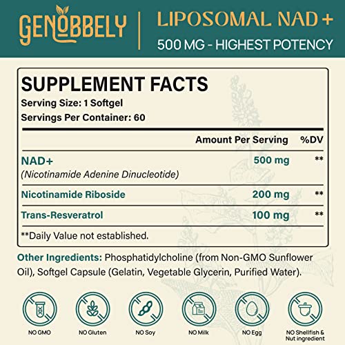 Liposomal NAD+ Supplement with Nicotinamide Riboside & Resveratrol - 800 mg NAD+ for DNA Repair, Brain Function & Healthy Aging - 360-Day Supply