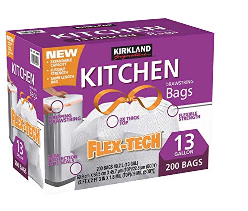 Kirkland Signature Flex-Tech 13-Gallon Kitchen Trash Bags - 200 Count Durable Drawstring