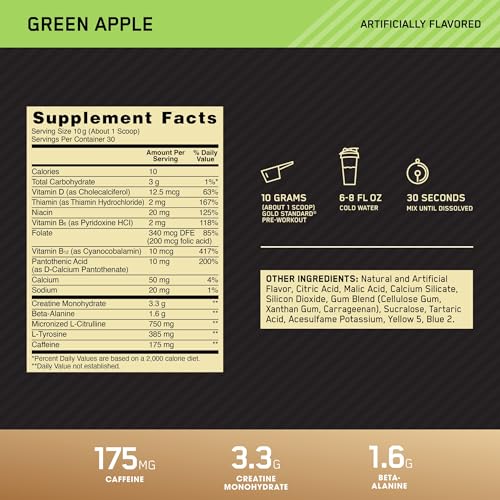 Optimum Nutrition Gold Standard Pre-Workout Supplement (Green Apple, 300g) - 30 Servings