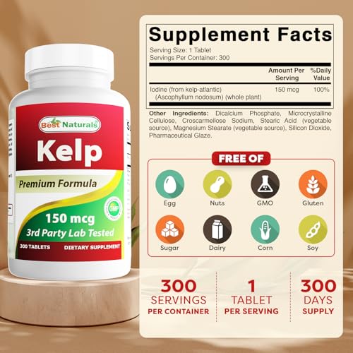 Best Naturals Kelp Supplement 150mcg - Thyroid Support & Iodine - 300 Tablets