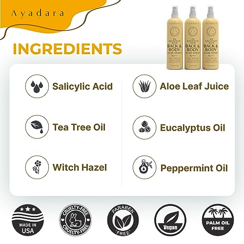 Acne Treatment Body Spray with Salicylic Acid for Back & Chest Acne, 3 Pack, Hormonal & Bacne Relief for Teens & Adults