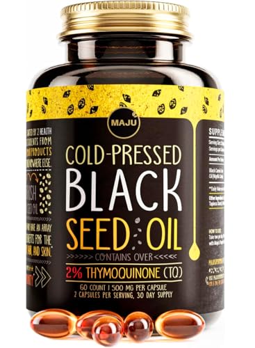 Maju Superfoods Black Seed Oil Capsules, Cold Pressed 2% Thymoquinone, 100% Turkish Black Cumin Nigella Sativa, 60 Count