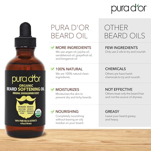 PURA D'OR Organic Beard Oil - 100% Pure & Natural Argan & Jojoba Conditioner for Men, 118ml