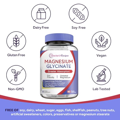 Doctor's Recipes Magnesium Glycinate 500mg for Men & Women - 90 Capsules