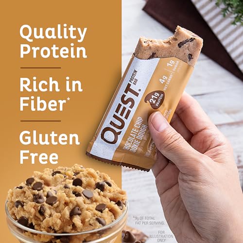 Quest Nutrition Chocolate Chip Cookie Dough Protein Bar, High Protein, Low Carb, Gluten Free, Soy Free, Keto Friendly, 12 Count
