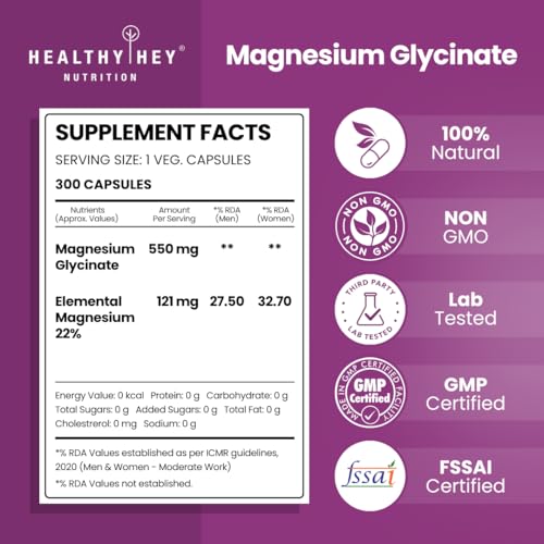 HealthyHey High Absorption Magnesium Glycinate Chelated - 300 Vegetable Capsules for Sleep & Nerve Health