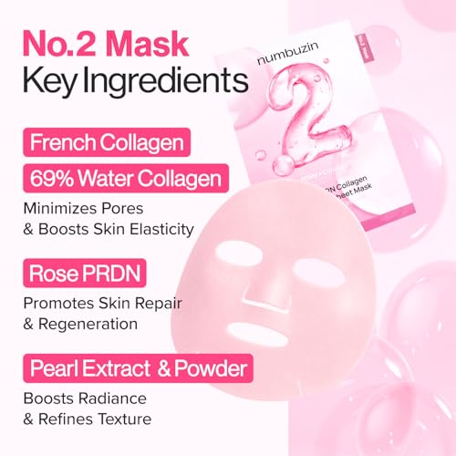 numbuzin No.2 Rose PDRN Collagen Plumping Sheet Mask – Hydrating & Firming Korean Face Mask for Brighter, Youthful Skin (Pack of 5)